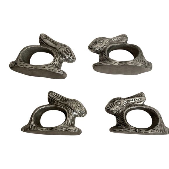 Vintage Set Of 4 Pewter Rabbit Napkin Holders. Very Unique Design. - Picture 1 of 8